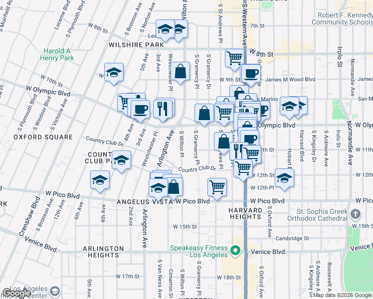 map of restaurants, bars, coffee shops, grocery stores, and more near 1070 South Wilton Place in Los Angeles