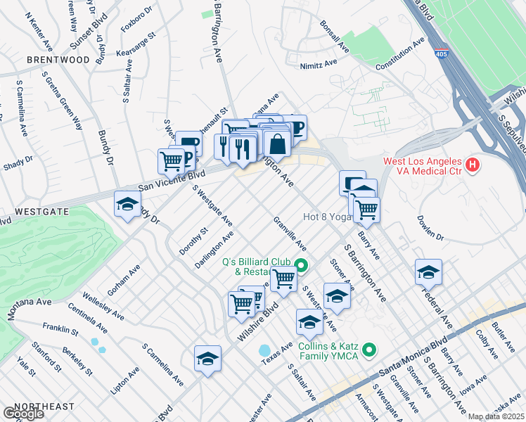 map of restaurants, bars, coffee shops, grocery stores, and more near 951 Granville Avenue in Los Angeles