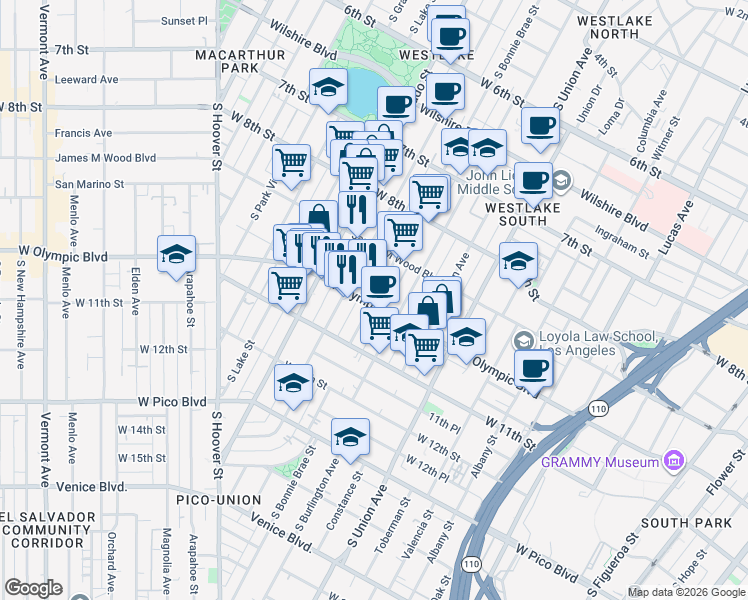map of restaurants, bars, coffee shops, grocery stores, and more near 1437 South Bonnie Brae Street in Los Angeles