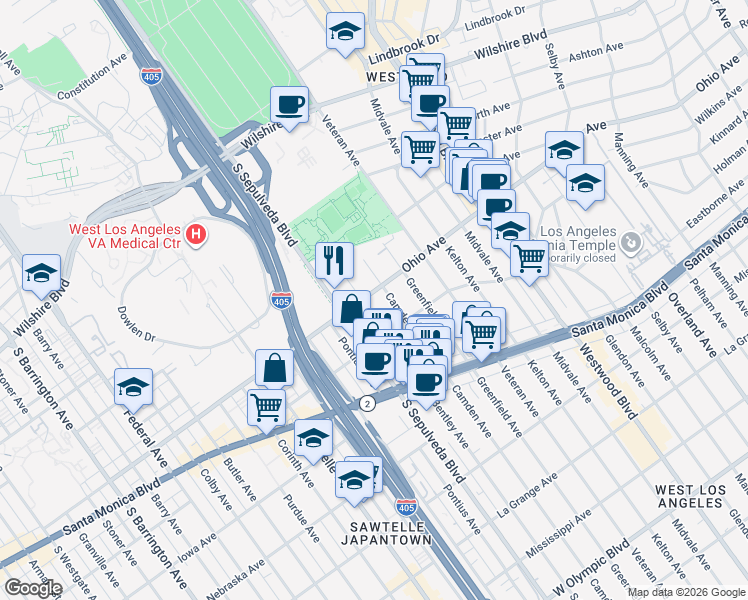 map of restaurants, bars, coffee shops, grocery stores, and more near 1506 South Bentley Avenue in Los Angeles