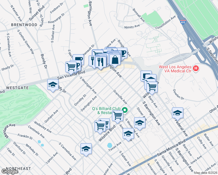 map of restaurants, bars, coffee shops, grocery stores, and more near 951 Granville Avenue in Los Angeles
