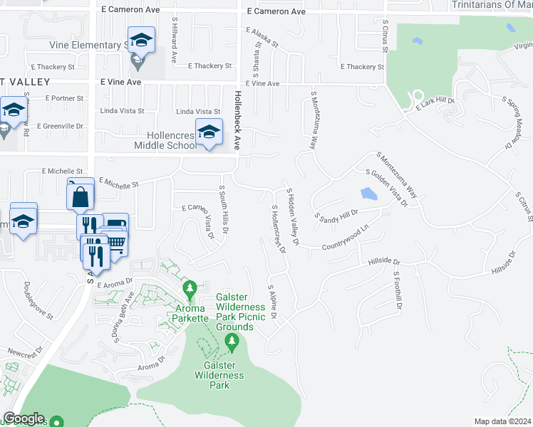 map of restaurants, bars, coffee shops, grocery stores, and more near 1327 South Hollencrest Drive in West Covina
