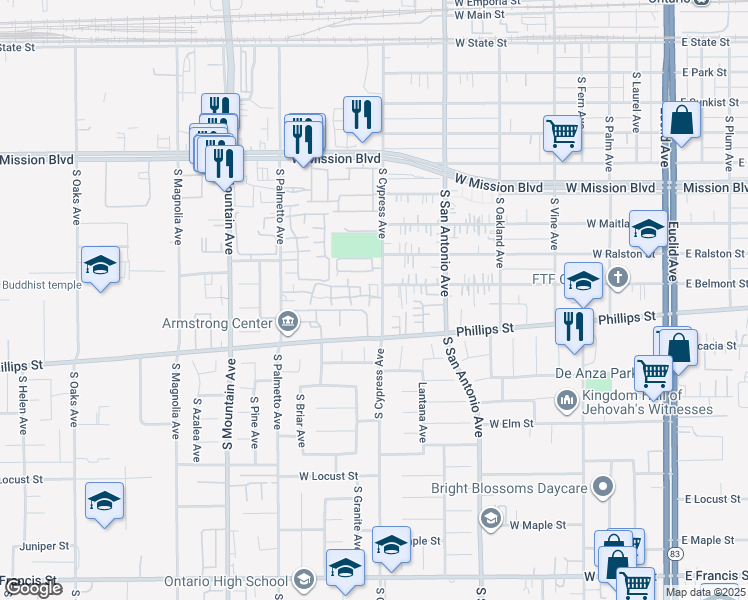 map of restaurants, bars, coffee shops, grocery stores, and more near in Ontario