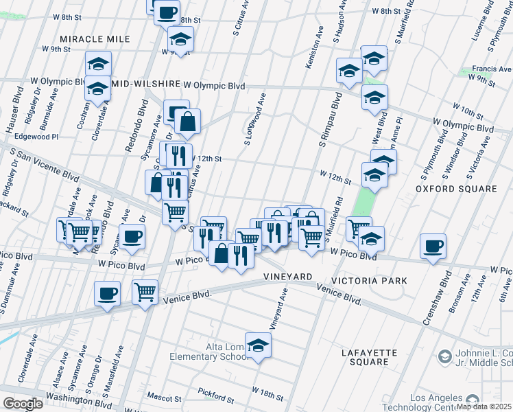 map of restaurants, bars, coffee shops, grocery stores, and more near 1309 Keniston Avenue in Los Angeles