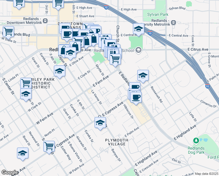 map of restaurants, bars, coffee shops, grocery stores, and more near 238 East Fern Avenue in Redlands