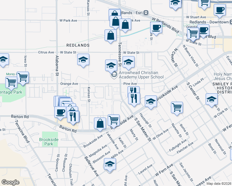 map of restaurants, bars, coffee shops, grocery stores, and more near 93 Tennessee Street in Redlands