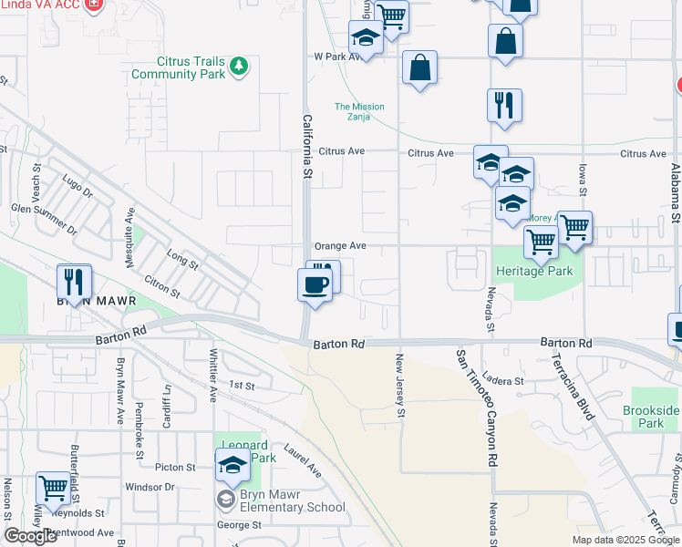 map of restaurants, bars, coffee shops, grocery stores, and more near 26630 Barton Road in Redlands