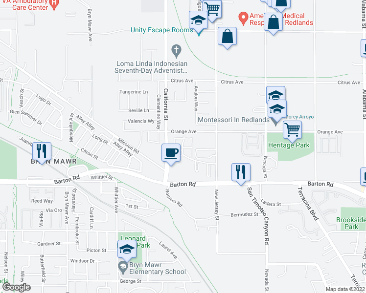 map of restaurants, bars, coffee shops, grocery stores, and more near 26630 Barton Road in Redlands