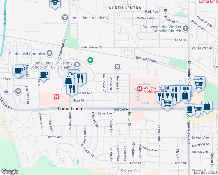 map of restaurants, bars, coffee shops, grocery stores, and more near 11139 Poplar Street in Loma Linda