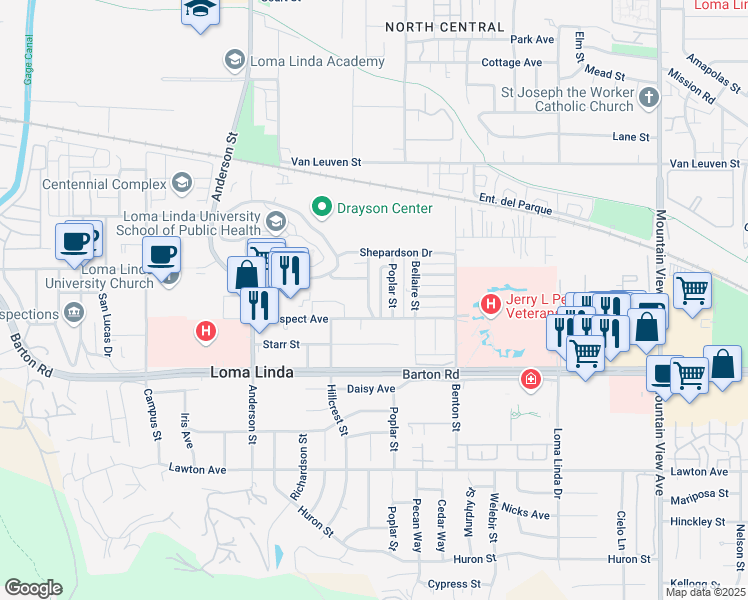 map of restaurants, bars, coffee shops, grocery stores, and more near 11132 Richmont Road in Loma Linda