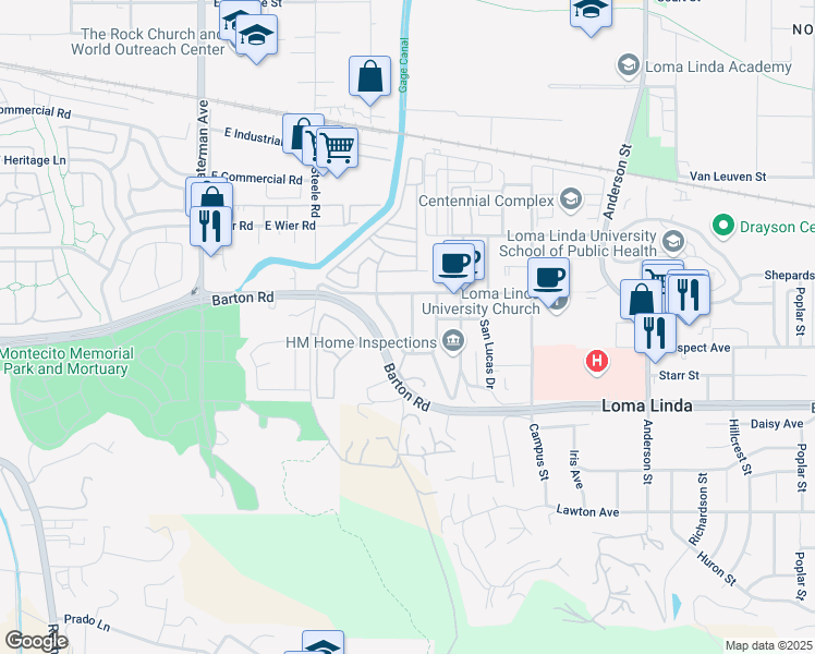 map of restaurants, bars, coffee shops, grocery stores, and more near 11135 Yardley Place in Loma Linda