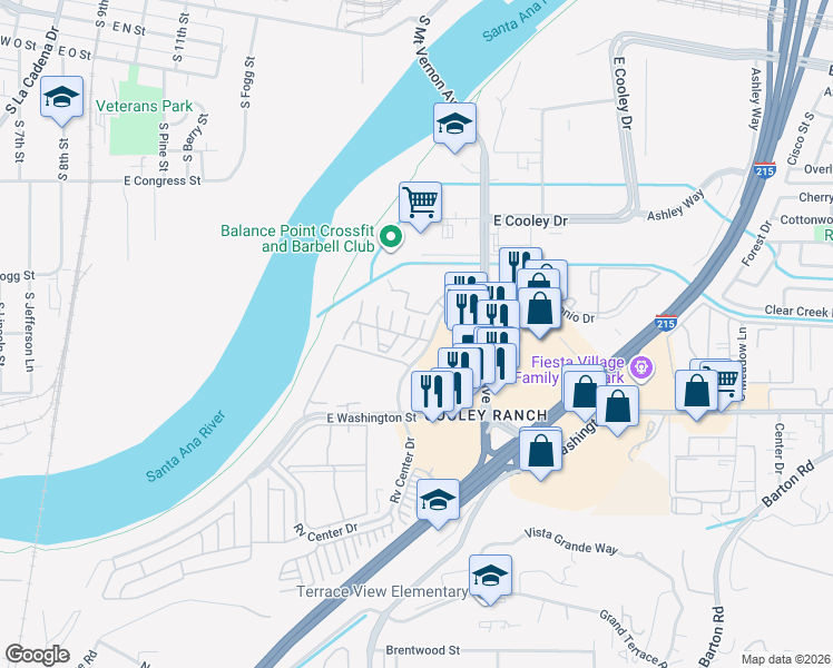 map of restaurants, bars, coffee shops, grocery stores, and more near 1077 South Santo Antonio Drive in Colton