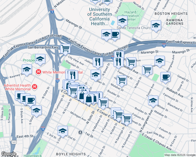 map of restaurants, bars, coffee shops, grocery stores, and more near 2154 City View Avenue in Los Angeles
