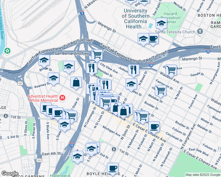 map of restaurants, bars, coffee shops, grocery stores, and more near 656 North Cummings Street in Los Angeles