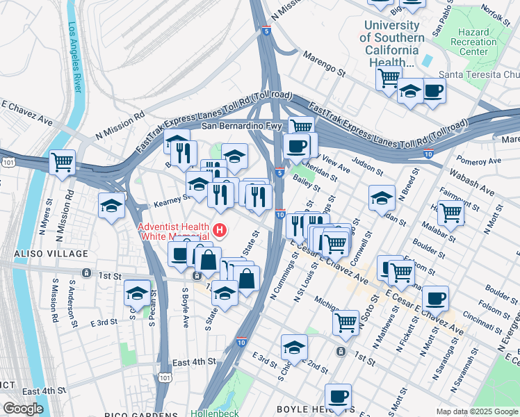 map of restaurants, bars, coffee shops, grocery stores, and more near 1827 Bridge Street in Los Angeles