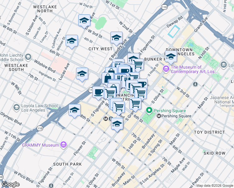 map of restaurants, bars, coffee shops, grocery stores, and more near 515 Flower Street in Los Angeles