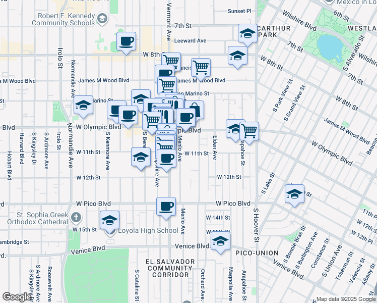 map of restaurants, bars, coffee shops, grocery stores, and more near 1030 Menlo Avenue in Los Angeles