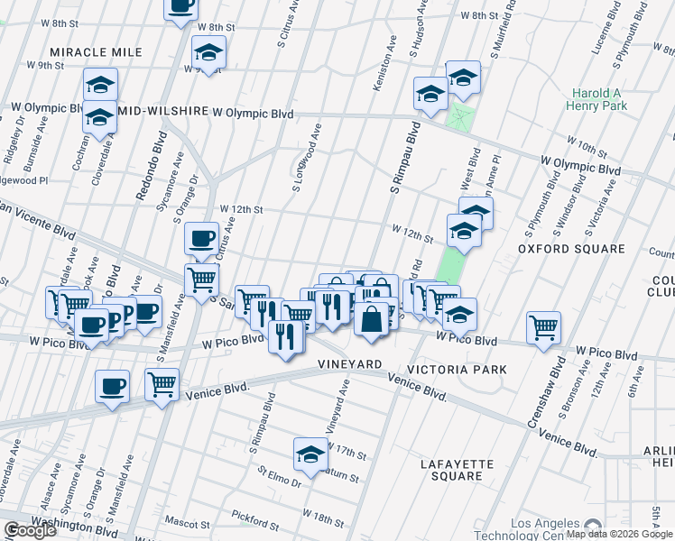 map of restaurants, bars, coffee shops, grocery stores, and more near 1252 Keniston Avenue in Los Angeles