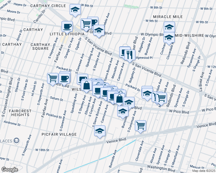 map of restaurants, bars, coffee shops, grocery stores, and more near 5540 Packard Street in Los Angeles