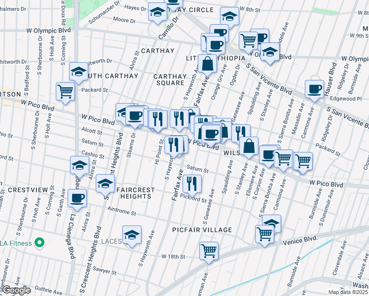 map of restaurants, bars, coffee shops, grocery stores, and more near in Los Angeles