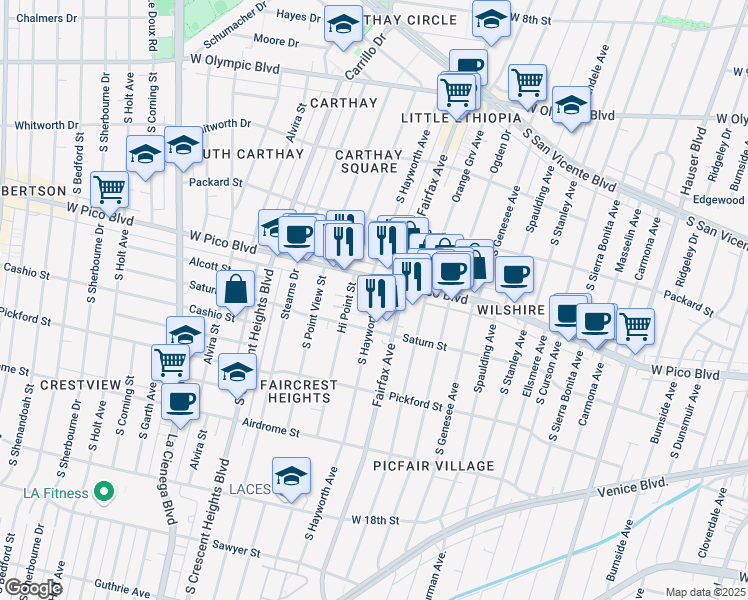 map of restaurants, bars, coffee shops, grocery stores, and more near 5910 West Pico Boulevard in Los Angeles