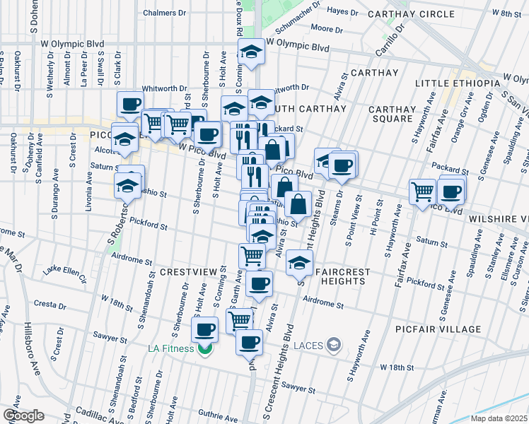 map of restaurants, bars, coffee shops, grocery stores, and more near 6137 1/2 Saturn Street in Los Angeles