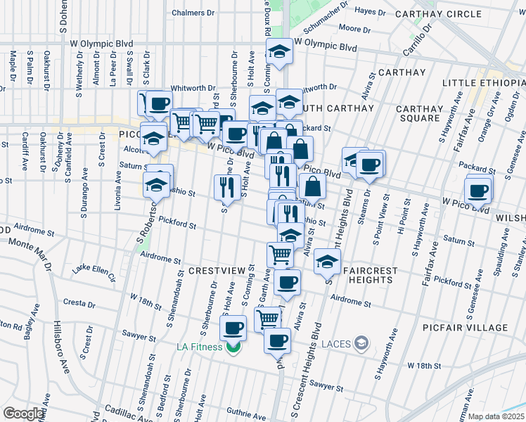 map of restaurants, bars, coffee shops, grocery stores, and more near 8516 1/2 Saturn Street in Los Angeles