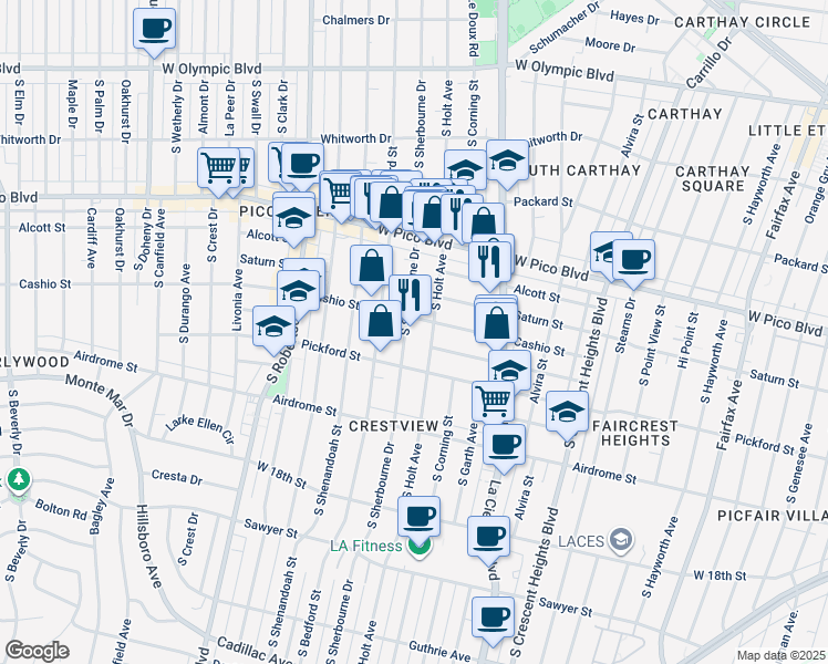 map of restaurants, bars, coffee shops, grocery stores, and more near 8635 Cashio Street in Los Angeles