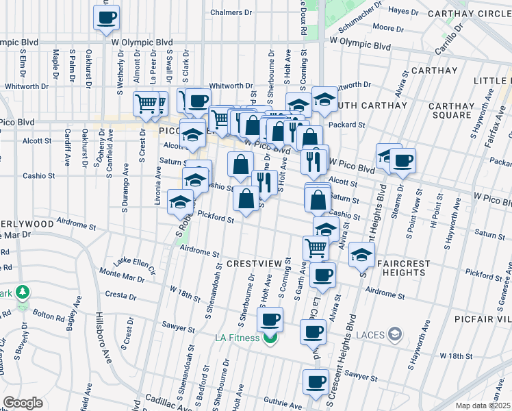 map of restaurants, bars, coffee shops, grocery stores, and more near 8635 Cashio Street in Los Angeles