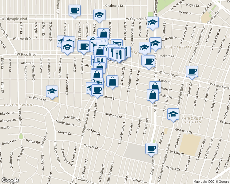 map of restaurants, bars, coffee shops, grocery stores, and more near in Los Angeles