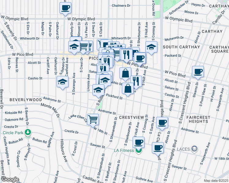 map of restaurants, bars, coffee shops, grocery stores, and more near 1518 South Robertson Boulevard in Los Angeles