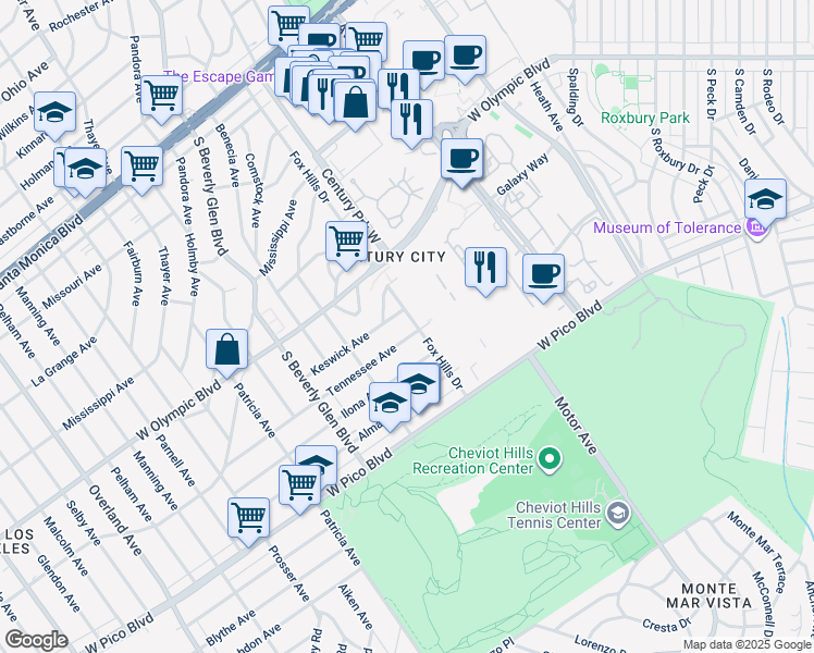 map of restaurants, bars, coffee shops, grocery stores, and more near 10305 Keswick Avenue in Los Angeles