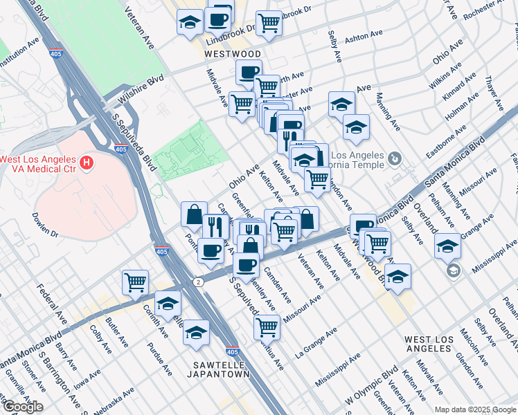 map of restaurants, bars, coffee shops, grocery stores, and more near 1601 Veteran Avenue in Los Angeles