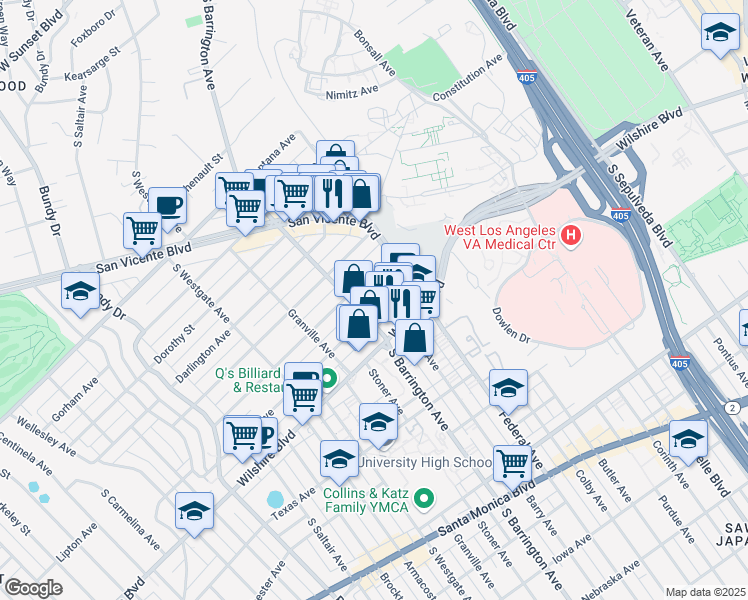 map of restaurants, bars, coffee shops, grocery stores, and more near 1145 Barry Avenue in Los Angeles