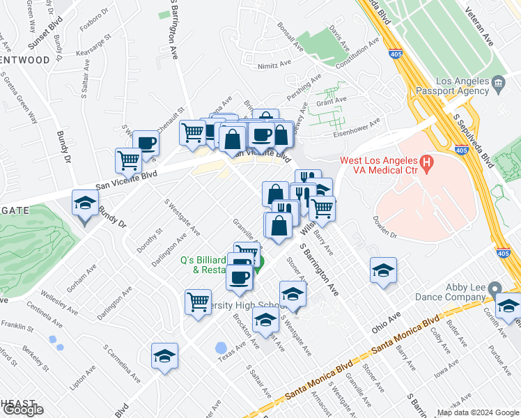 map of restaurants, bars, coffee shops, grocery stores, and more near 11661 Kiowa Avenue in Los Angeles