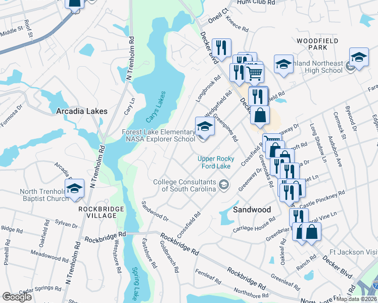 map of restaurants, bars, coffee shops, grocery stores, and more near 6705 Wedgefield Road in Columbia