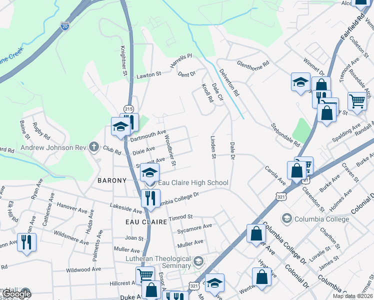 map of restaurants, bars, coffee shops, grocery stores, and more near 928 Dixie Avenue in Columbia