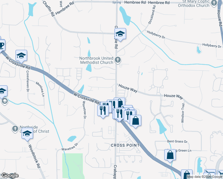 map of restaurants, bars, coffee shops, grocery stores, and more near 117 Roswell Green Lane in Roswell