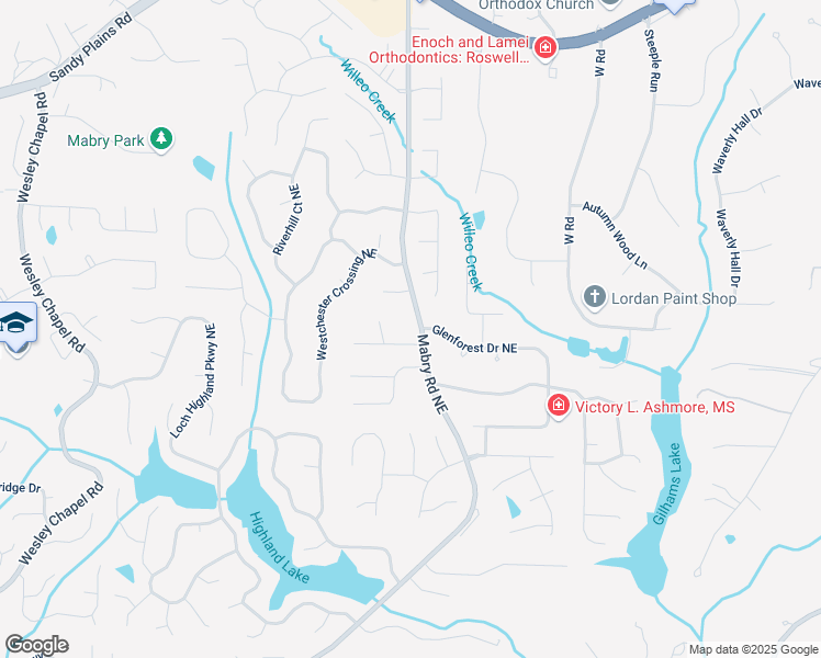 map of restaurants, bars, coffee shops, grocery stores, and more near 4205 Mabry Road Northeast in Roswell