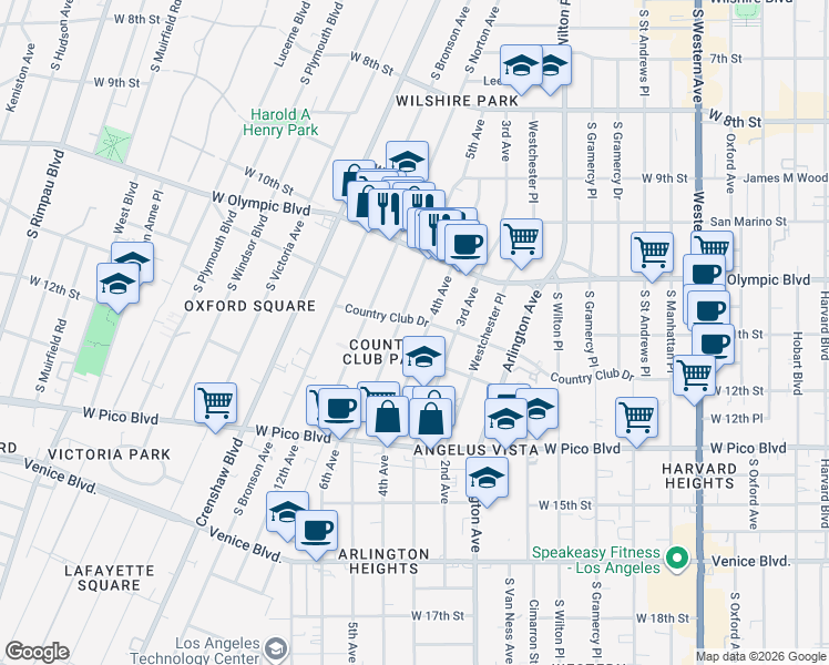 map of restaurants, bars, coffee shops, grocery stores, and more near 1115 4th Avenue in Los Angeles