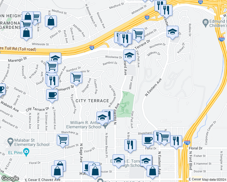 map of restaurants, bars, coffee shops, grocery stores, and more near 1128 North Bonnie Beach Place in Los Angeles