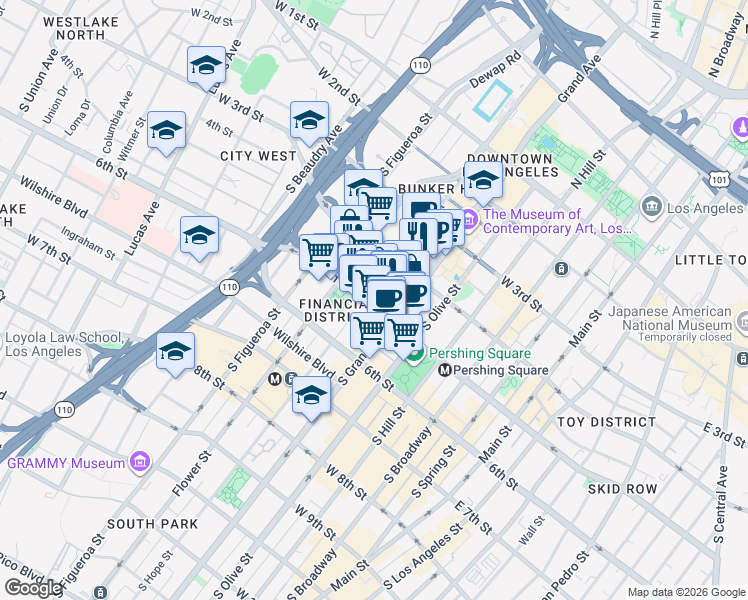 map of restaurants, bars, coffee shops, grocery stores, and more near 633 West 5th Street in Los Angeles