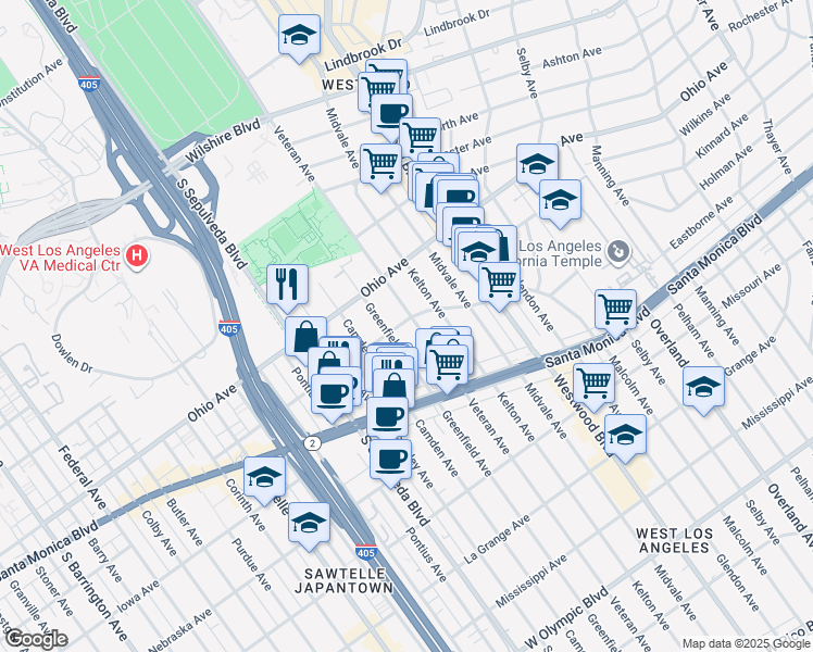 map of restaurants, bars, coffee shops, grocery stores, and more near 1601 Veteran Avenue in Los Angeles