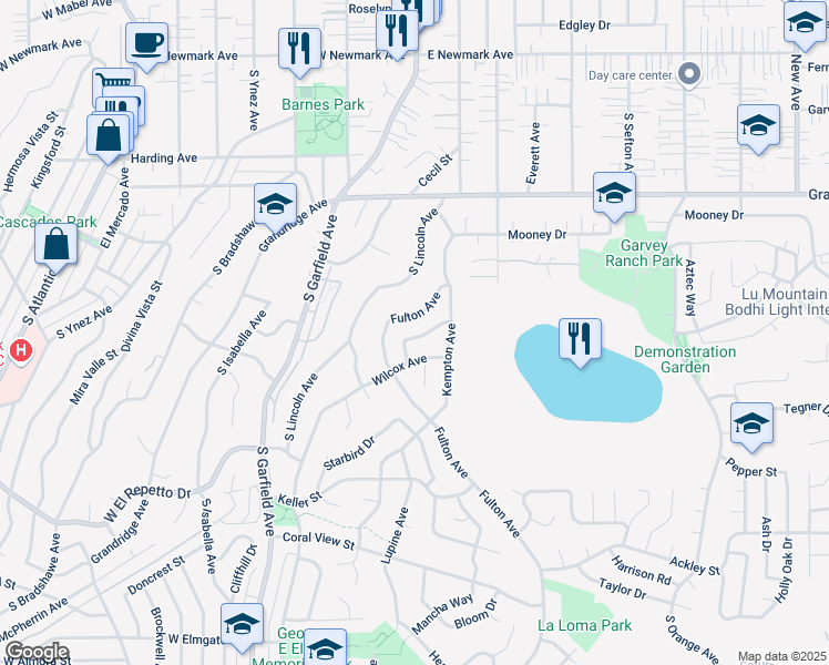 map of restaurants, bars, coffee shops, grocery stores, and more near 1017 Fulton Avenue in Monterey Park