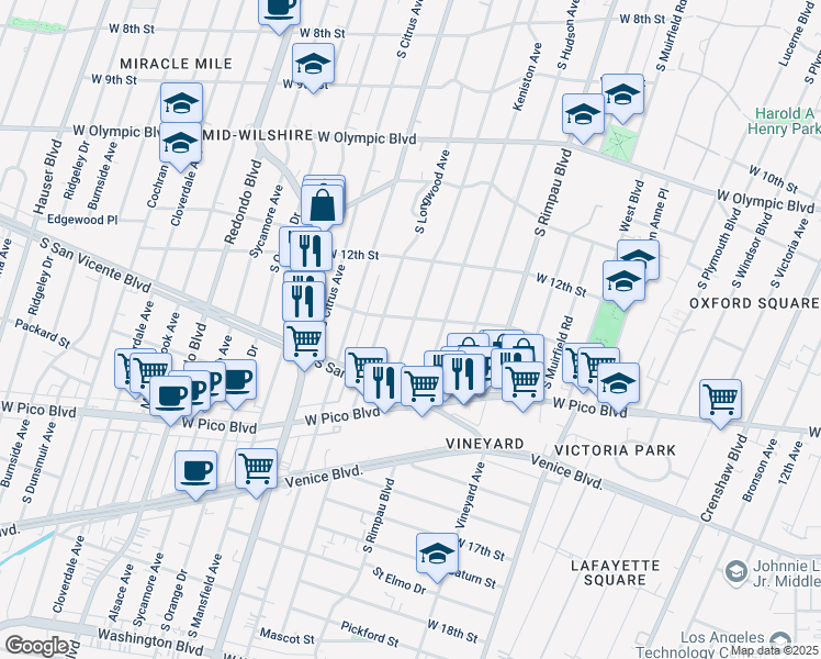 map of restaurants, bars, coffee shops, grocery stores, and more near 1260 South Tremaine Avenue in Los Angeles