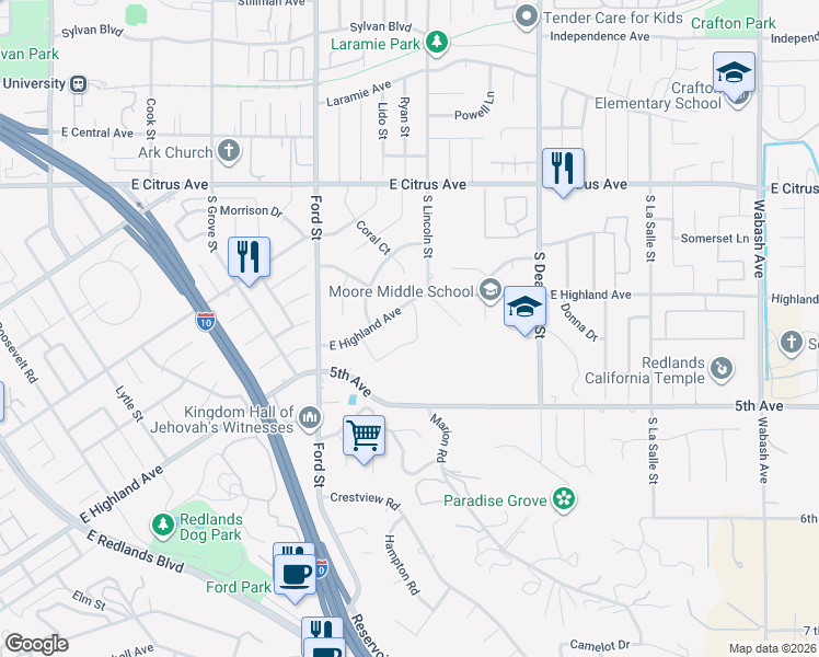 map of restaurants, bars, coffee shops, grocery stores, and more near 1479 Moore Street in Redlands