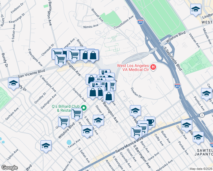 map of restaurants, bars, coffee shops, grocery stores, and more near 11601 Wilshire Boulevard in Los Angeles