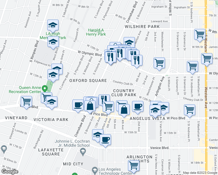 map of restaurants, bars, coffee shops, grocery stores, and more near 1152 South Bronson Avenue in Los Angeles
