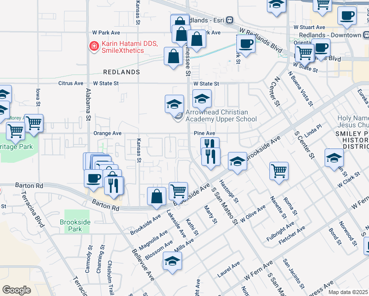 map of restaurants, bars, coffee shops, grocery stores, and more near 87 Tennessee Street in Redlands