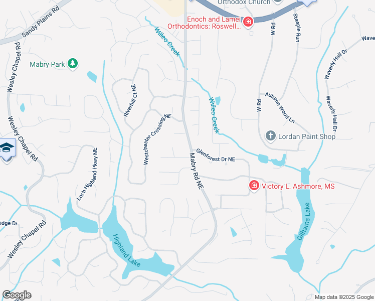 map of restaurants, bars, coffee shops, grocery stores, and more near 4205 Mabry Road Northeast in Roswell